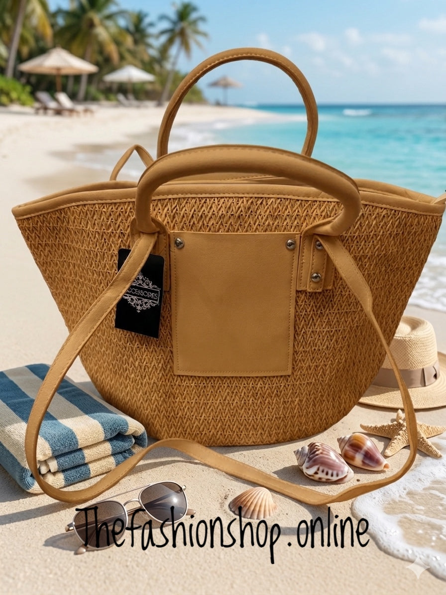 Beach Woven Tote Bag In Tan