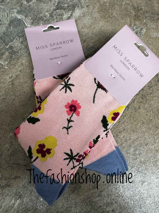 Miss Sparrow Dusky Pink Botany Study Bamboo socks 3-7