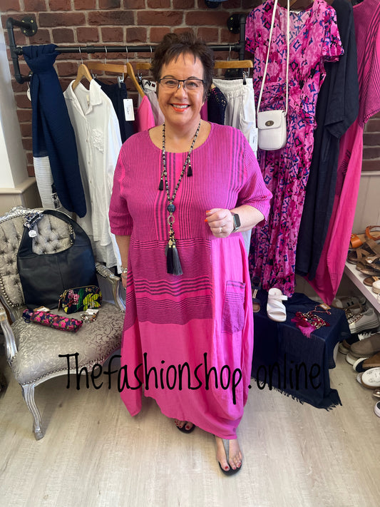 Hot Pink Funky Striped Linen Dress 14-22