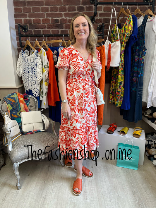 Nicola orange and white palm dress 10, 12, 14 and 16