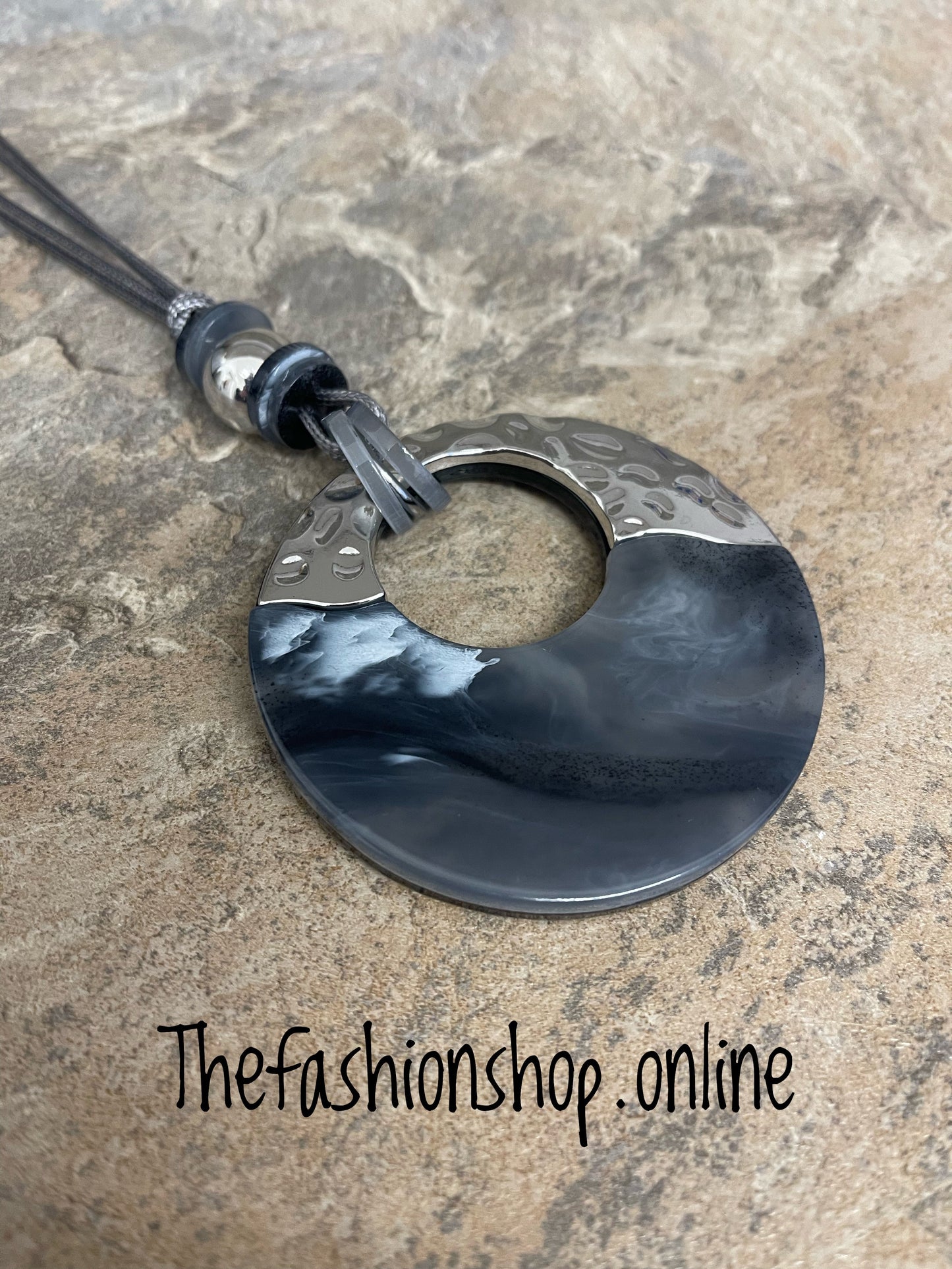 Grey and silver double cord disc necklace