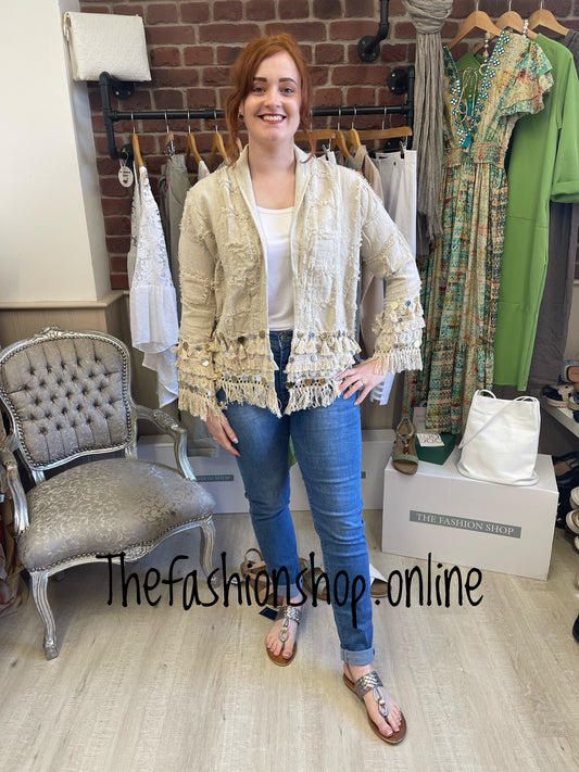 Beige boho jacket with coin detail 12-18