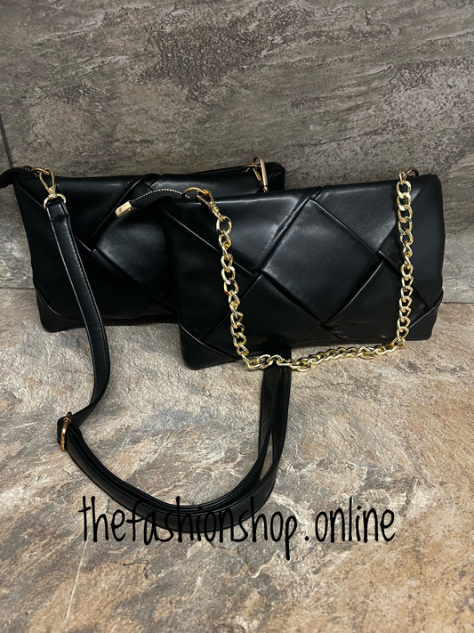 Black quilted woven bag with chain strap