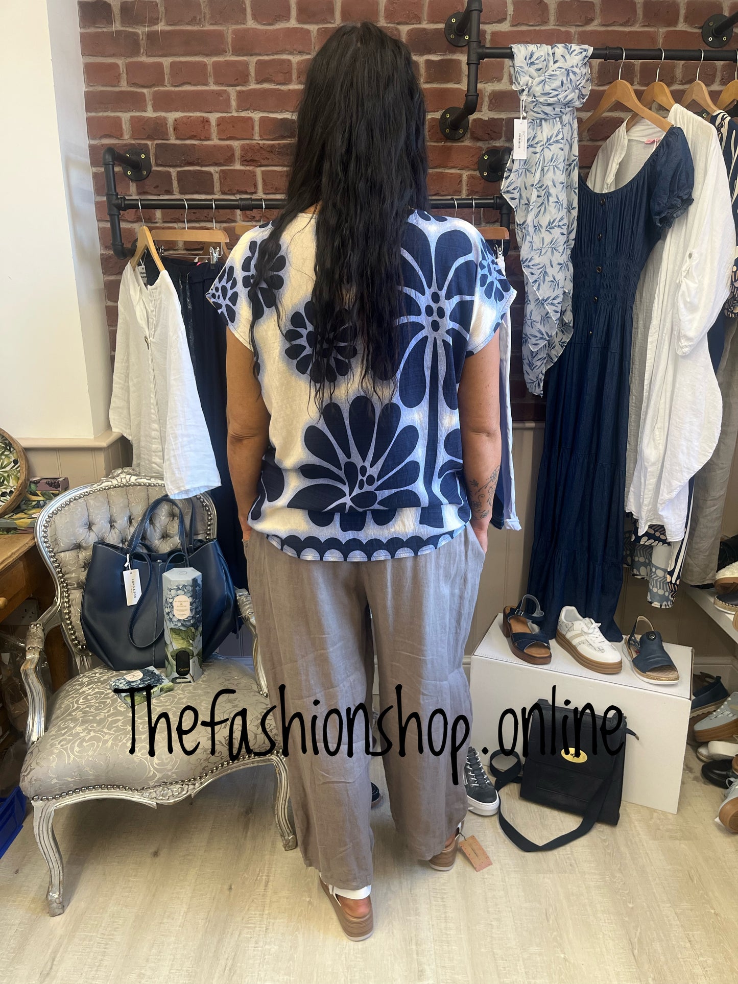 Abigail navy and cream top sizes 10-12, 14-16 and 18-20
