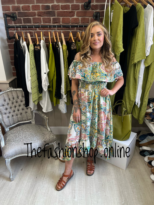 AX Paris green paisley printed bardot midi dress sizes 8-18