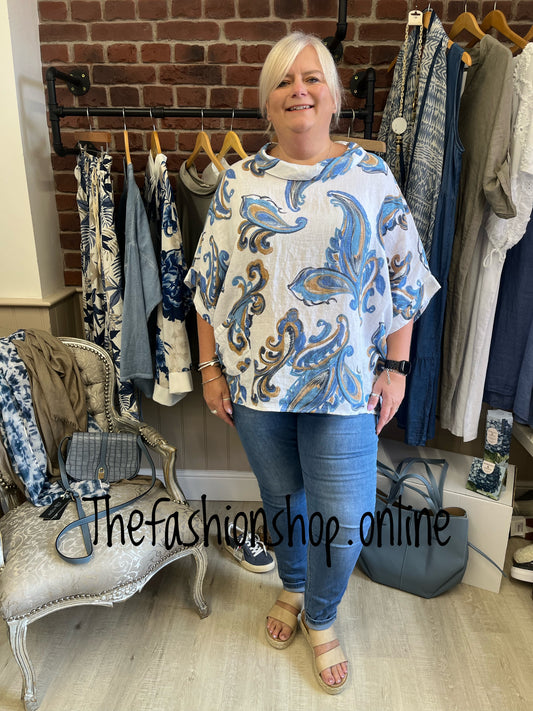 Ulrika white and blue paisley linen top 16-22