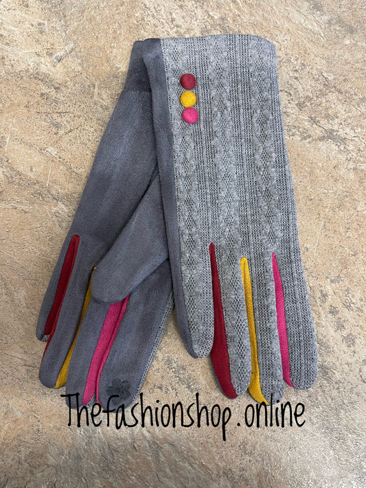 Grey button detail gloves