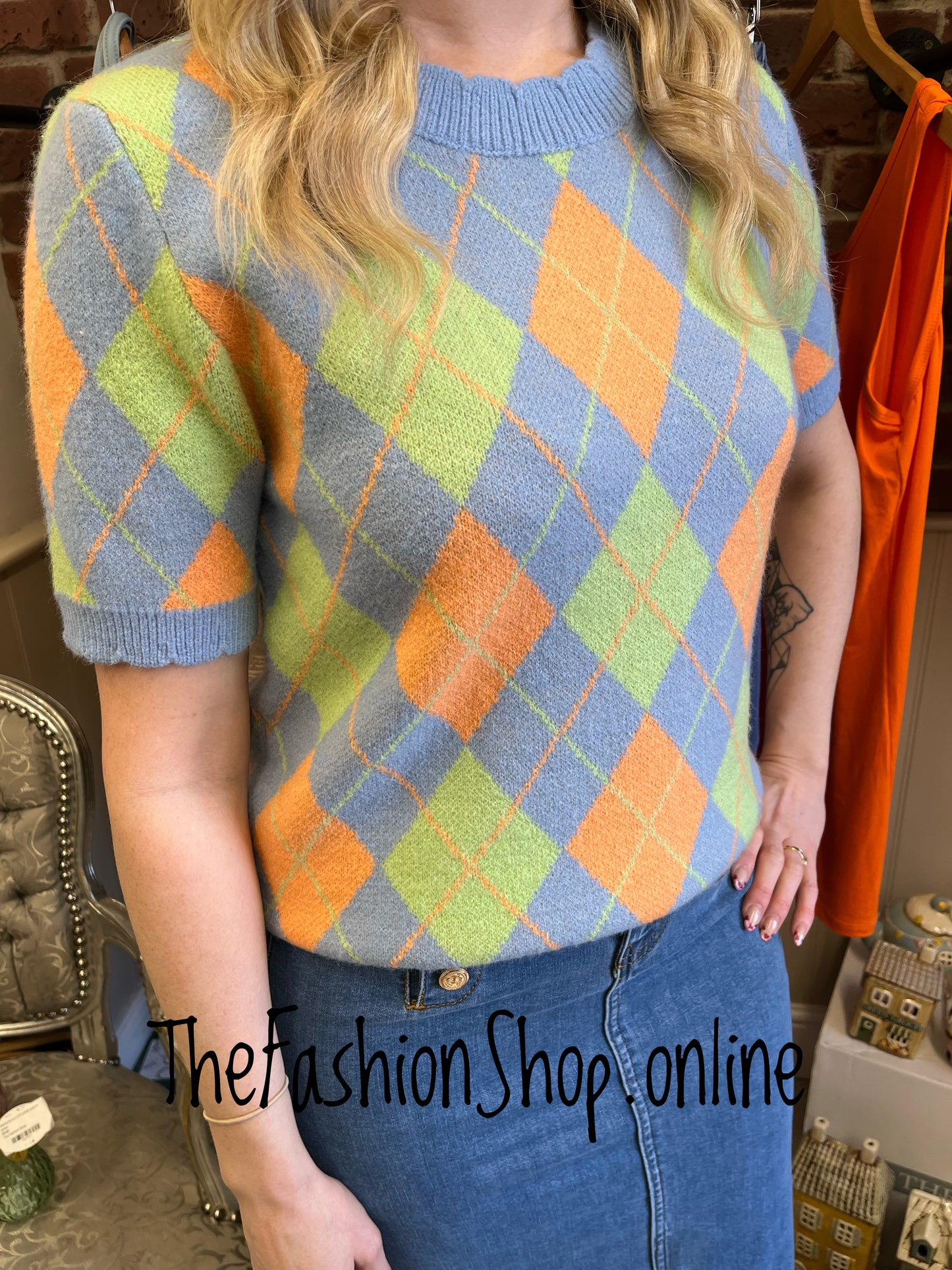 Orla blue, orange and green argyle knitted top 8-14