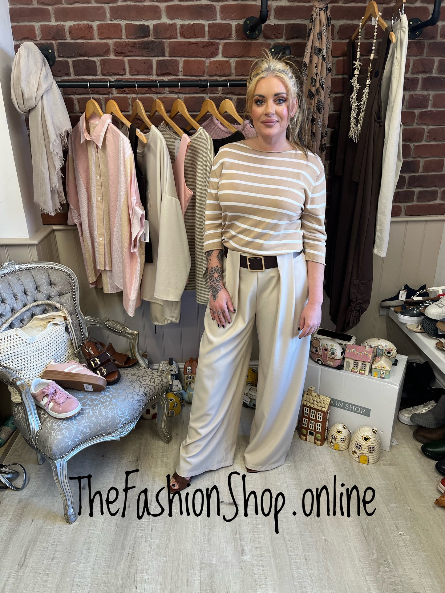 Isabella beige and white striped top 8-14