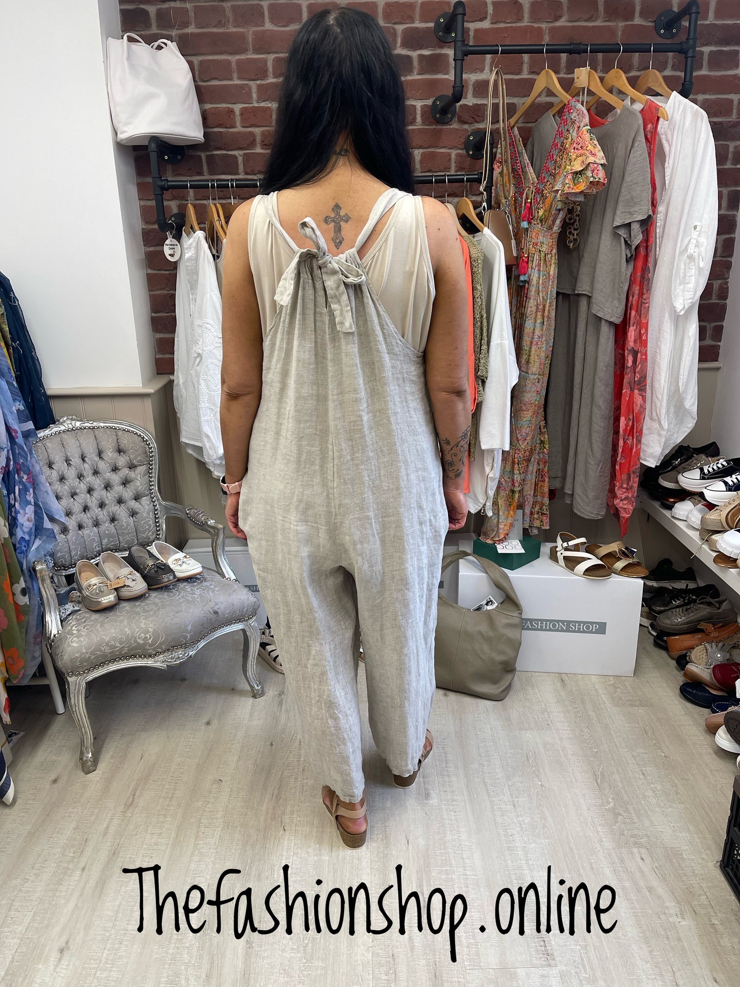 Stone linen jumpsuit with back tie 10-16