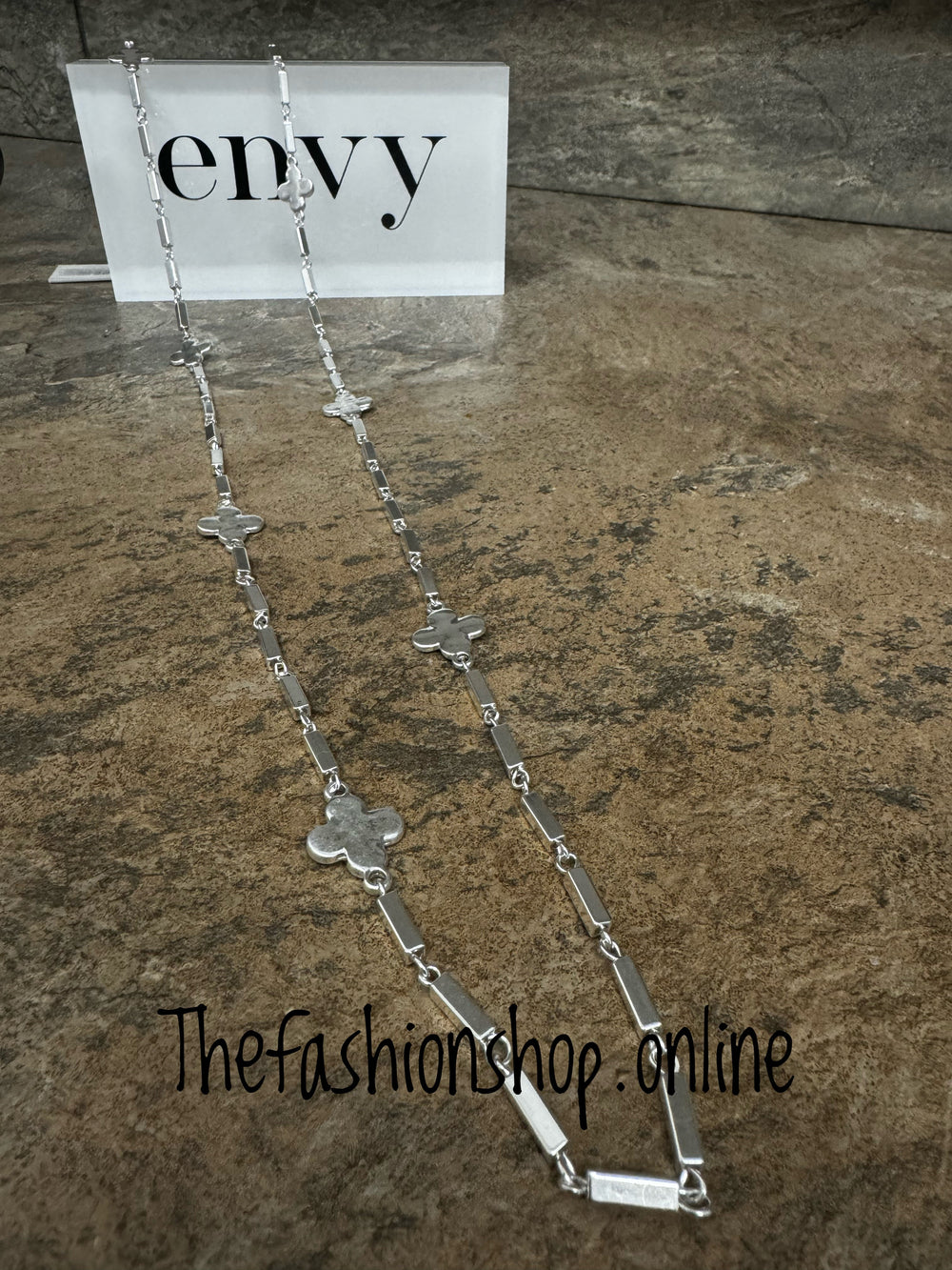 Envy long silver clover and bar necklace