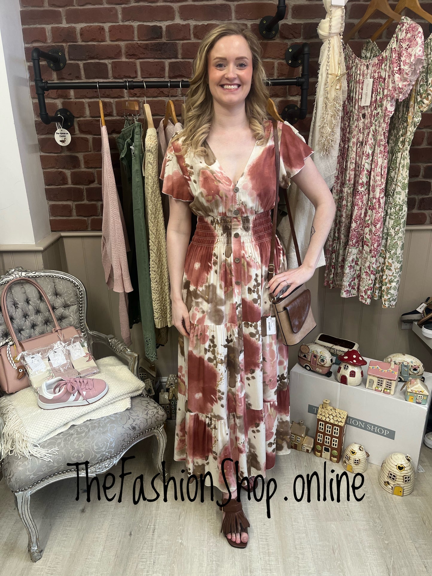 Harmony pink, taupe and cream printed dress 10-18