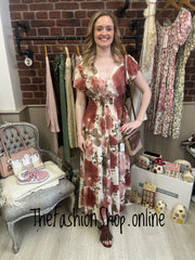 Harmony pink, taupe and cream printed dress 10-18