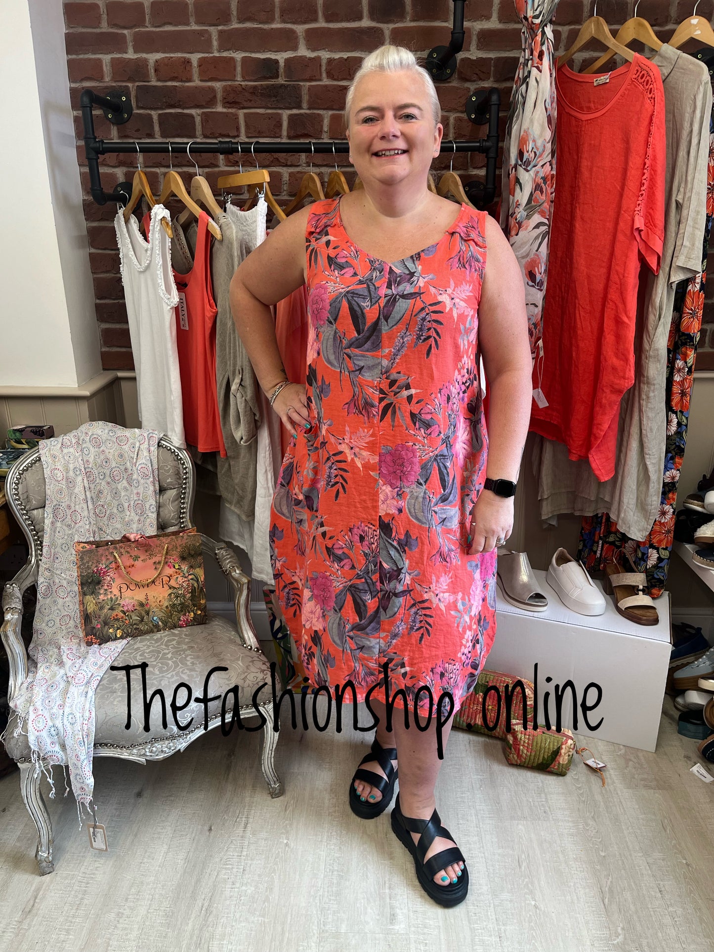 Melanie coral floral linen dress 10-18