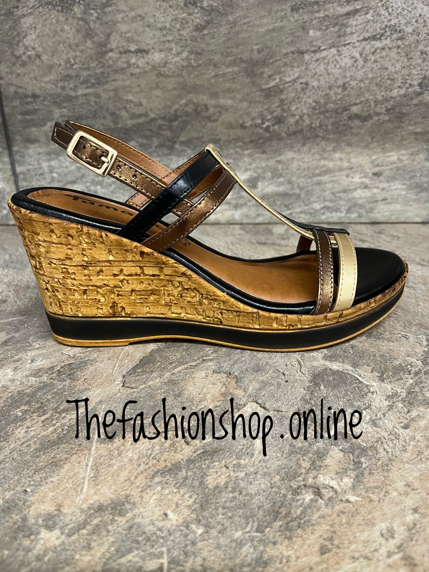 Tamaris black and gold leather wedge sandal sizes 3.5-7.5 (36-41)