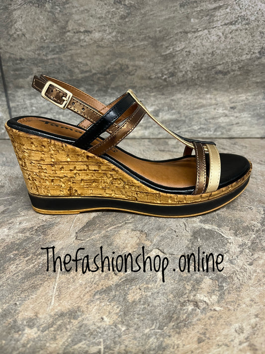 Tamaris black and gold leather wedge sandal sizes 3.5-7.5 (36-41)