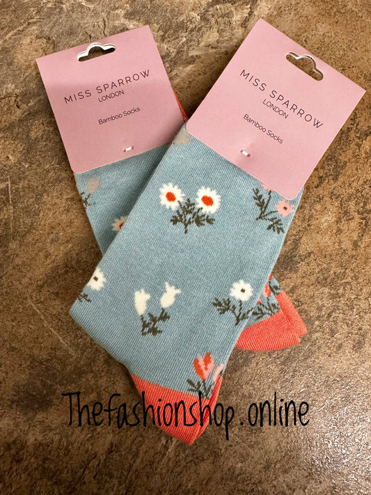 Miss Sparrow Duck Egg Dainty Floral Bamboo socks 3-7