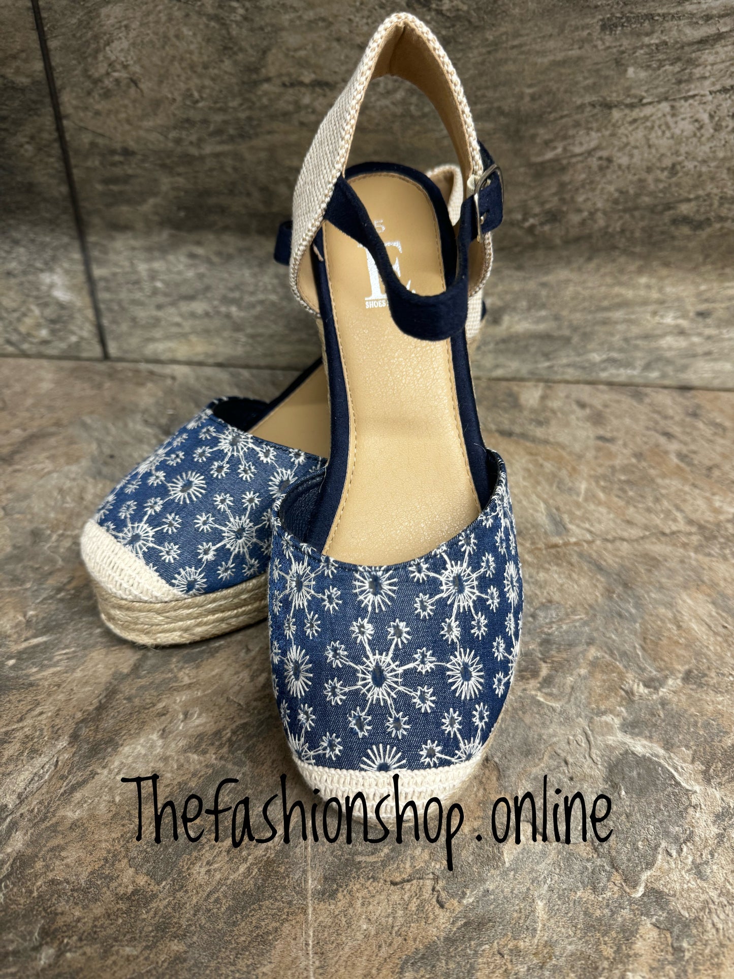 Denim broderie anglaise espadrille wedge sizes 4-8