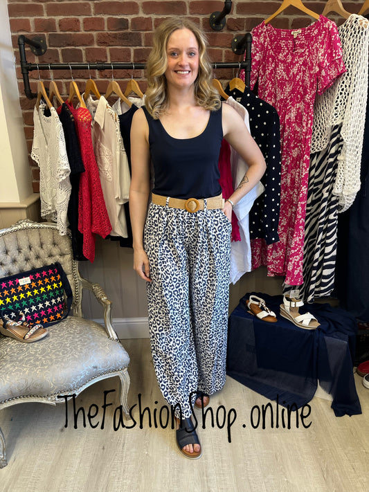 Alana navy leopard print trousers with belt 10-16
