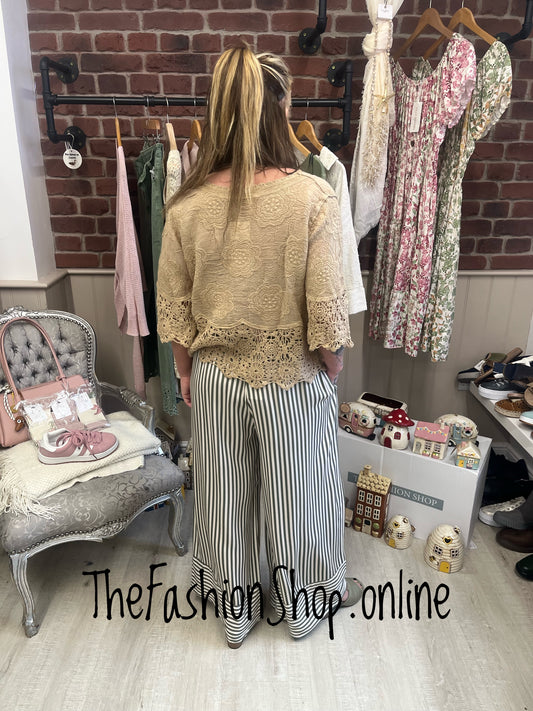 Hallie khaki and cream striped wide leg trousers 8-14