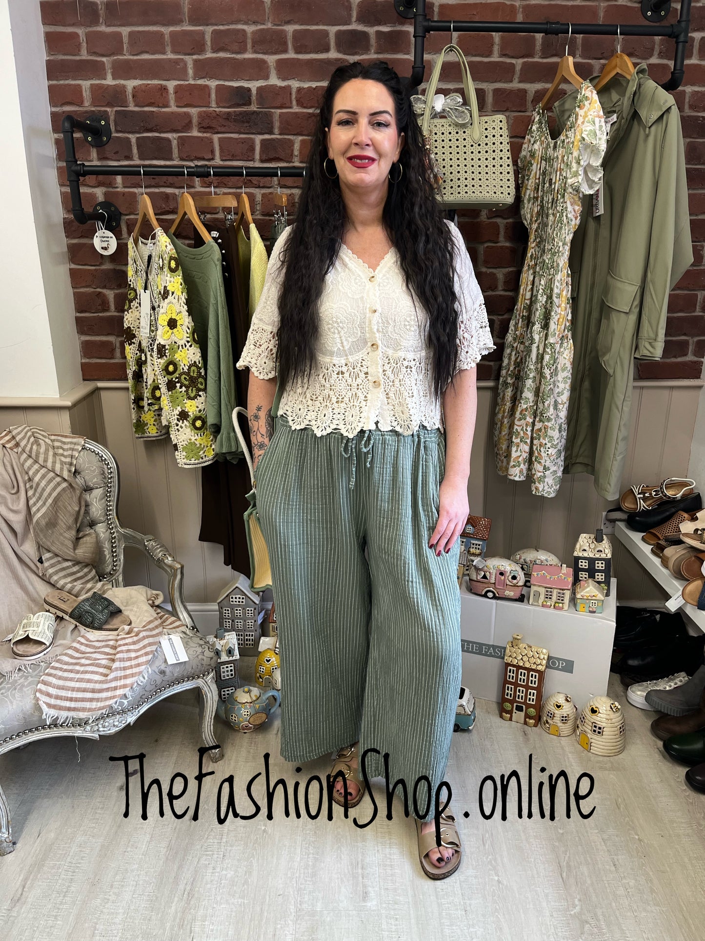 Florence khaki striped wide leg trousers 12-22