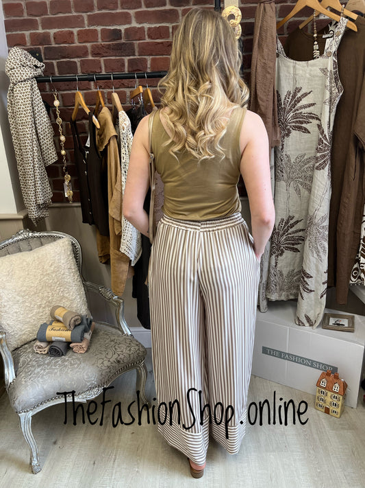 Hallie mocha and cream striped wide leg trousers 8-14