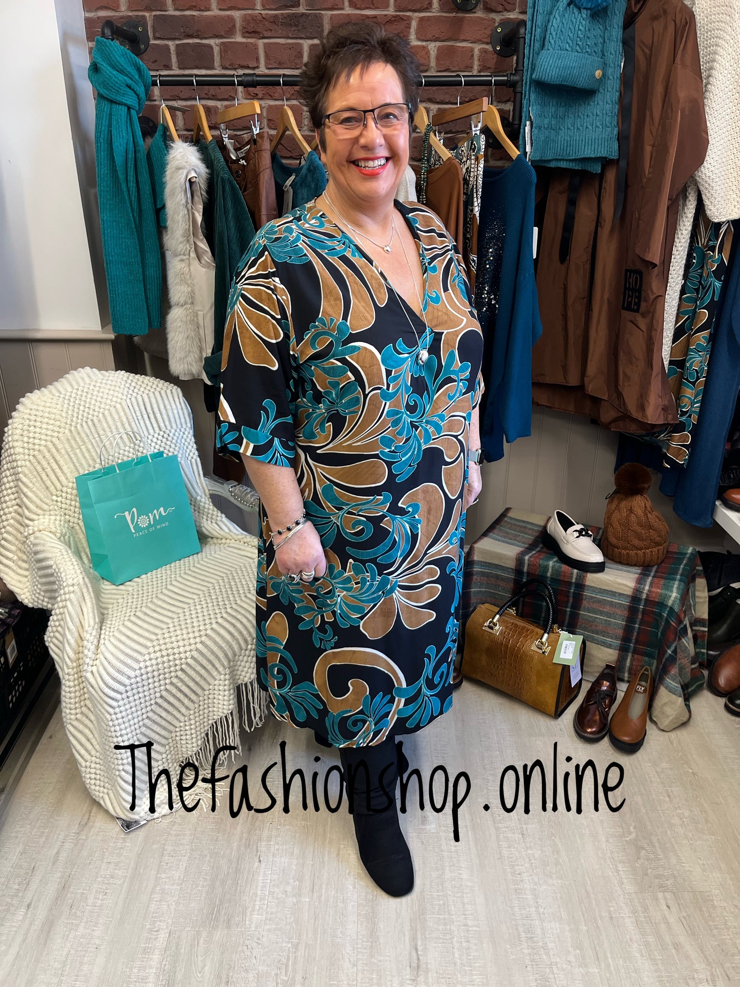 Premium Italian teal and tan v neck tunic dress 14-18