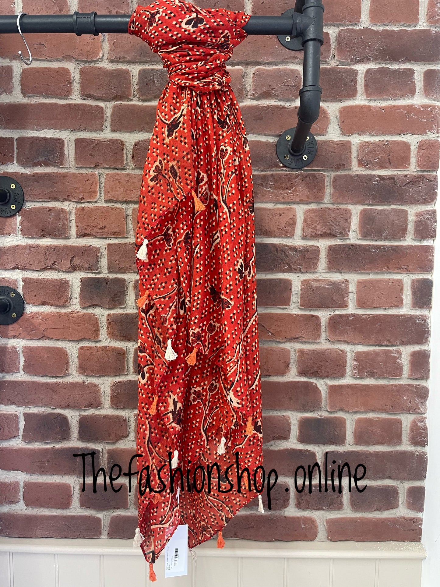 Red floral polka dot tassel scarf