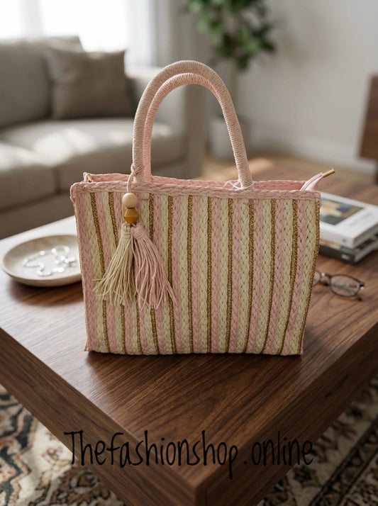 Bridget pink, gold and cream striped tote bag