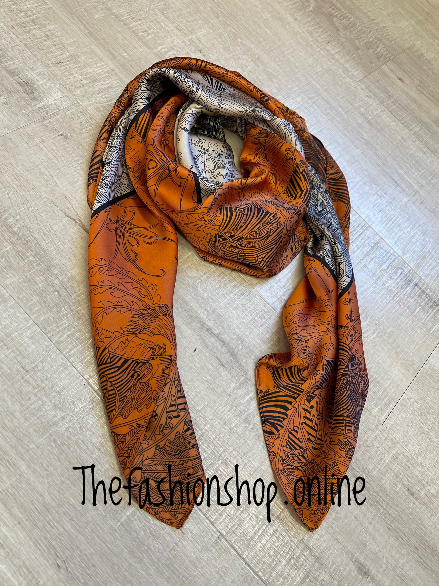 Orange cream and black silky square scarf