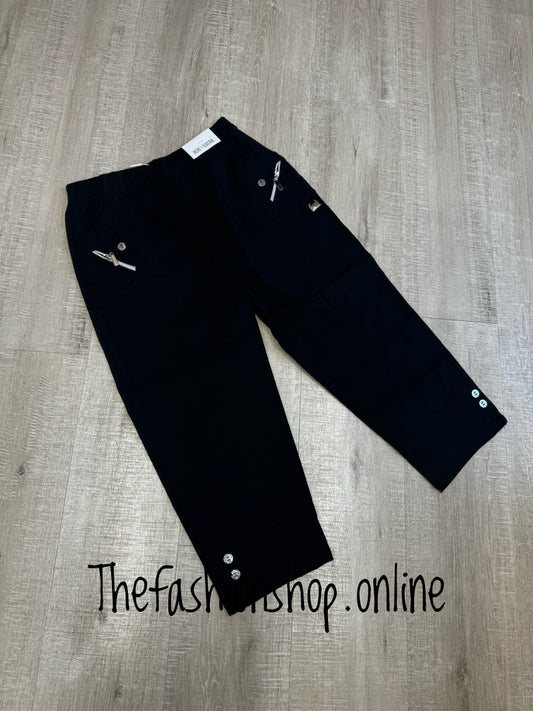 Black zip and button stretchy cropped trousers sizes 10-22