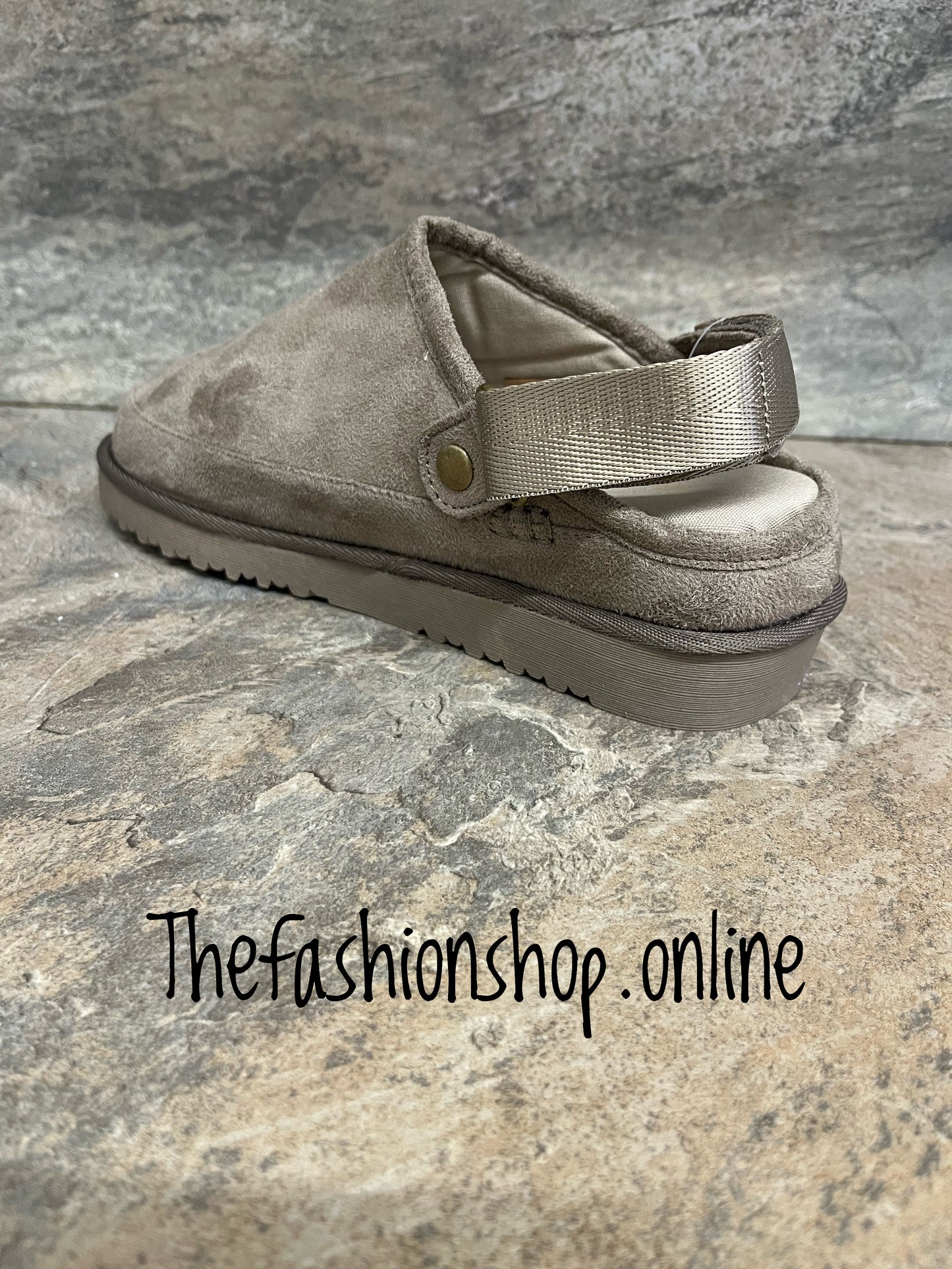 Ella Evie taupe ankle strap clog mules sizes 4-8