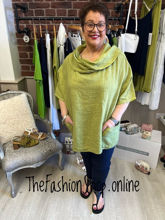 Harper olive Peter Pan collar linen top 16-22