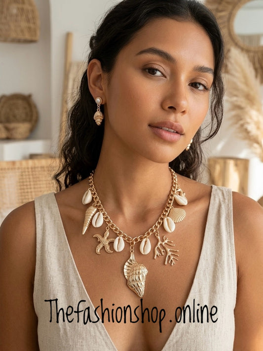Coral Reef and Seashell statement necklace and earrings set