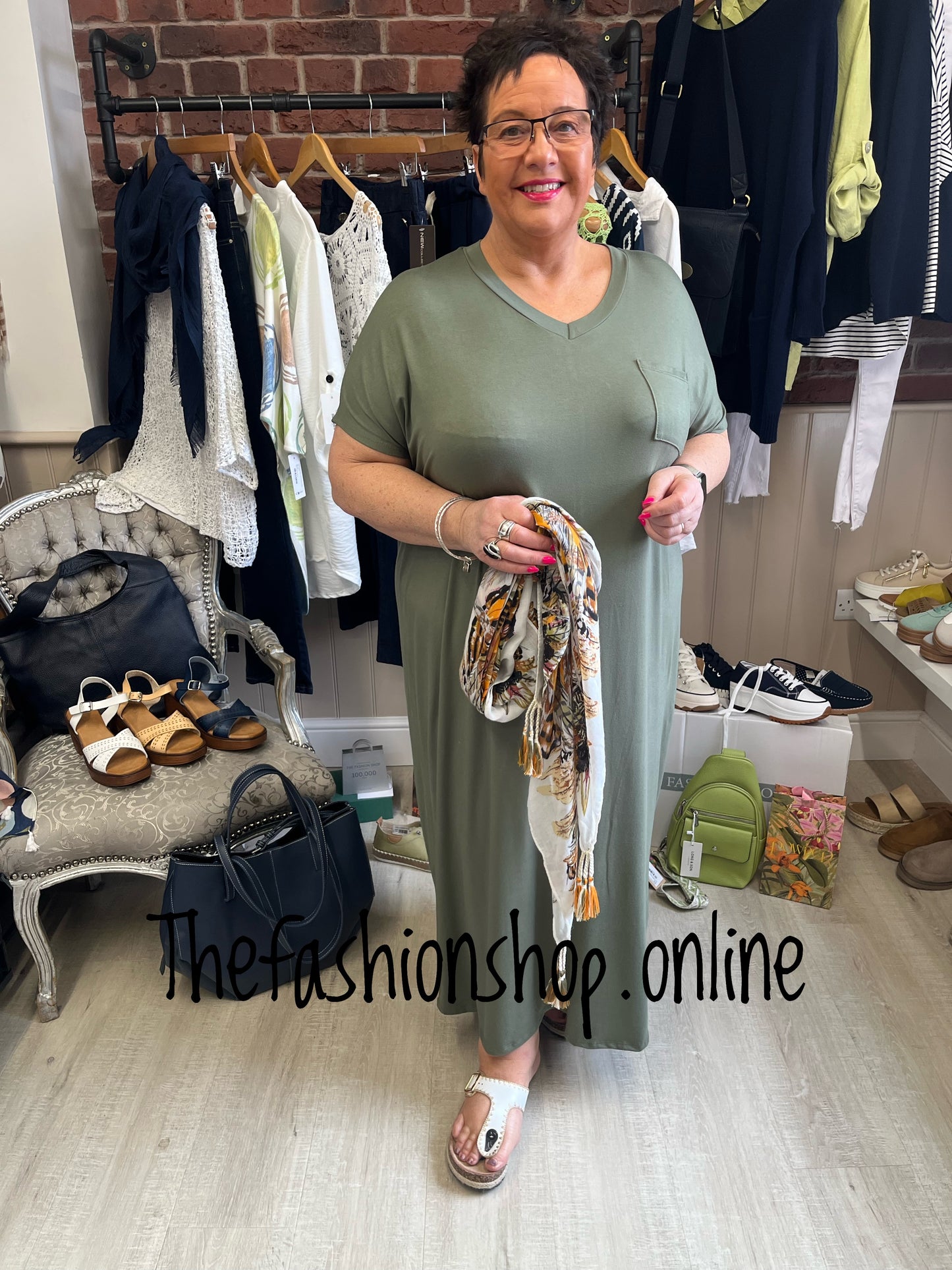 Khaki V neck dress up dress down dress with side split 16-26
