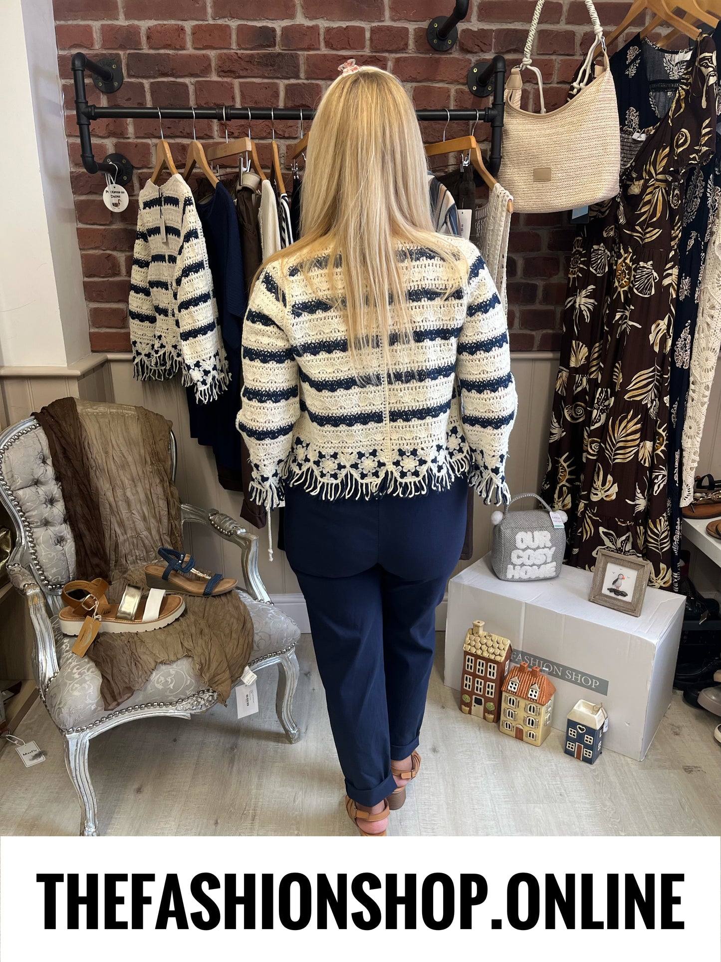 Rose navy and cream knitted cardigan 8-12