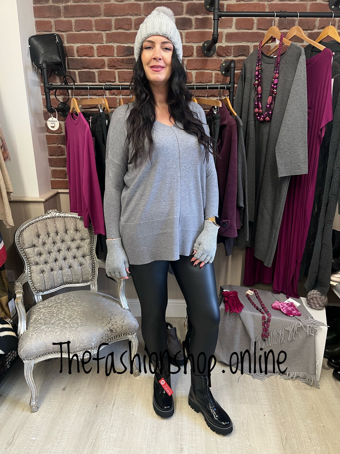 Saloos grey oversized v neck jumper sizes 10-18