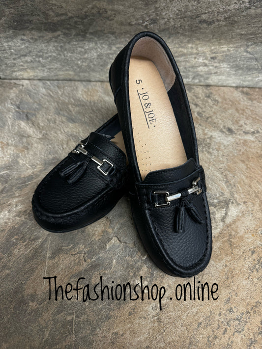 Jo & Joe Nautical wide fit black leather loafer sizes 4-8