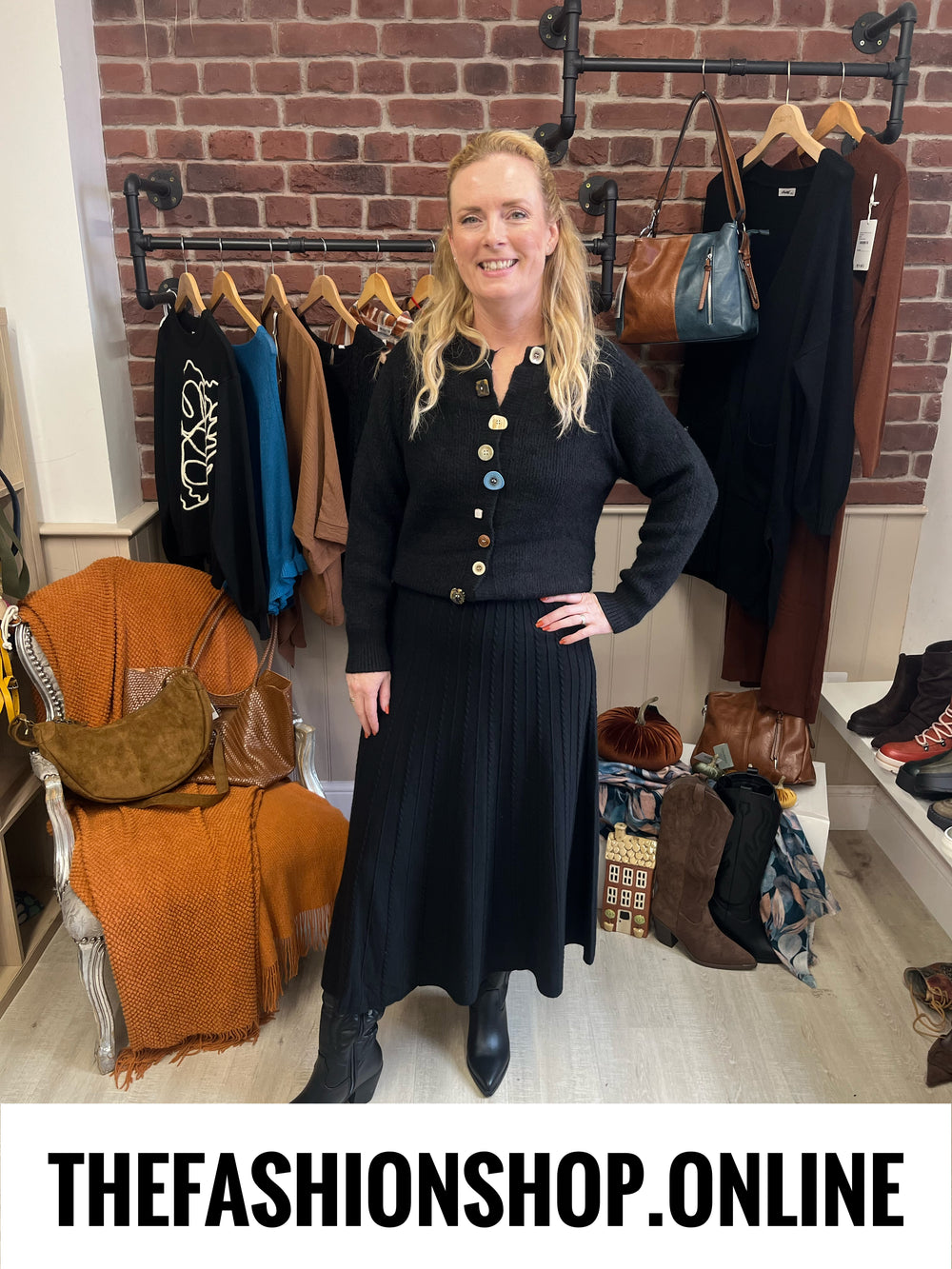 Wonky button cardigan in black 8-14