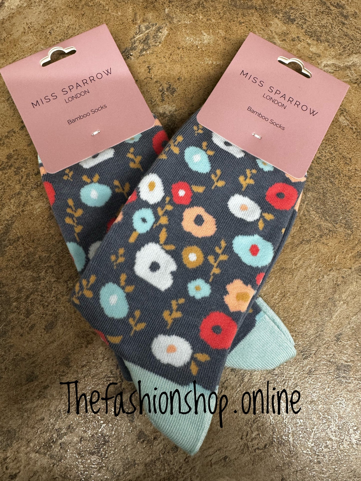 Miss Sparrow Dark Blue Floral Pattern Bamboo socks 3-7