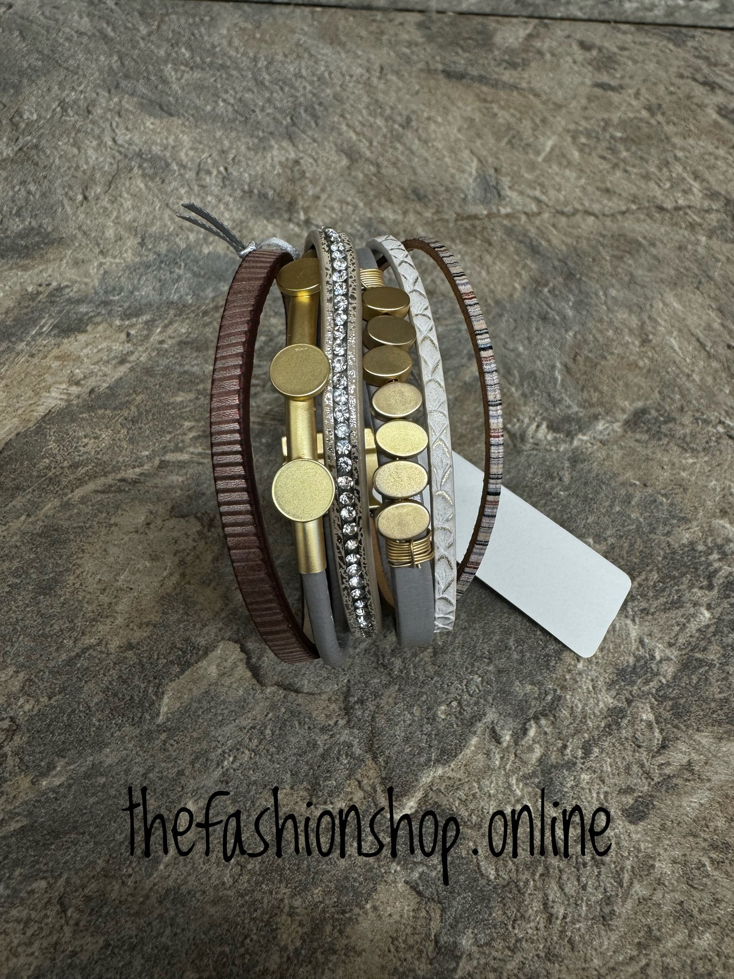 Sarah Tempest leather discs and ovals magnetic bracelet.