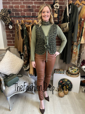 Khaki leopard print tie front waistcoat 8-12
