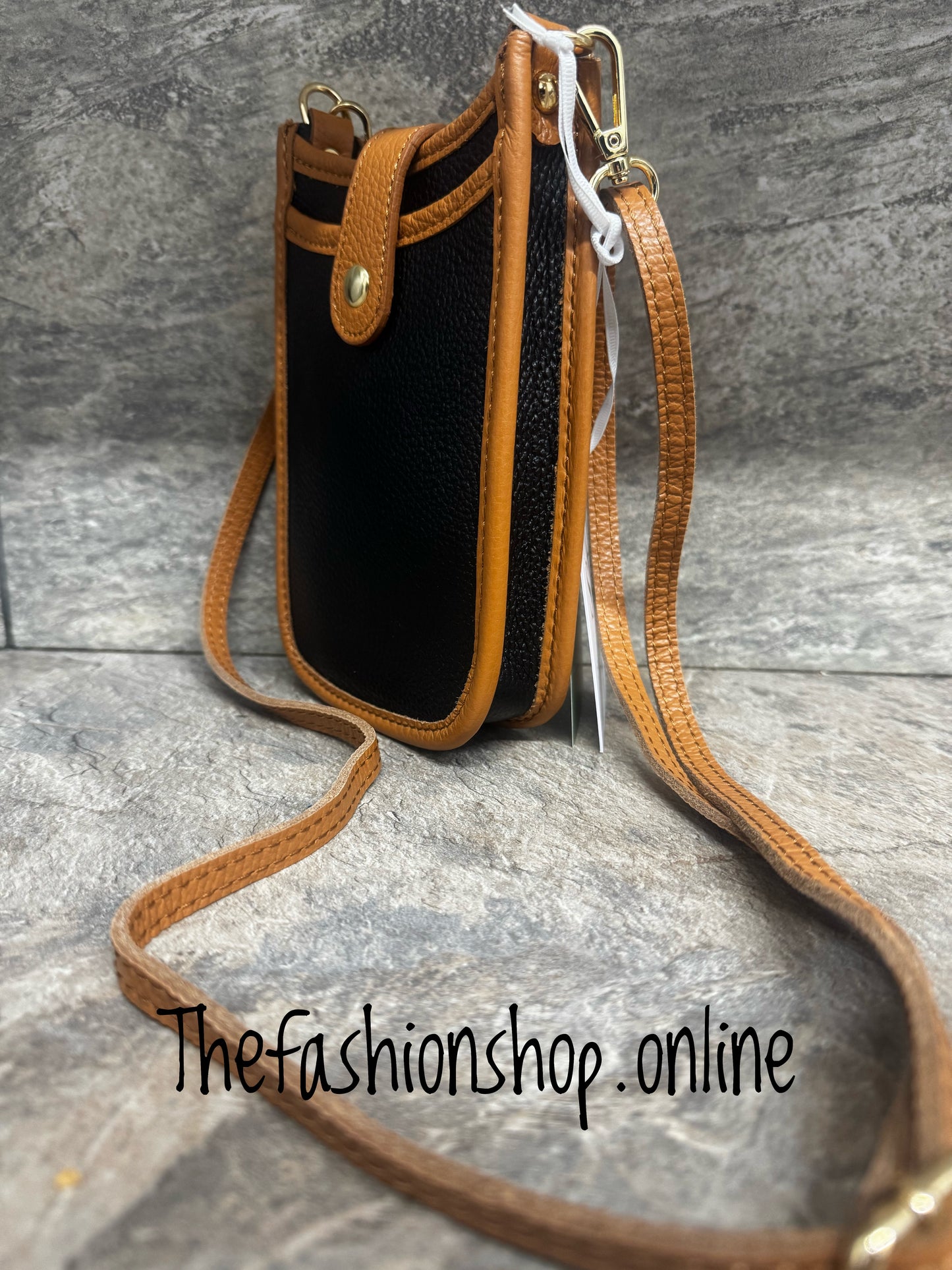Sarah Tempest black and tan leather crossbody bag
