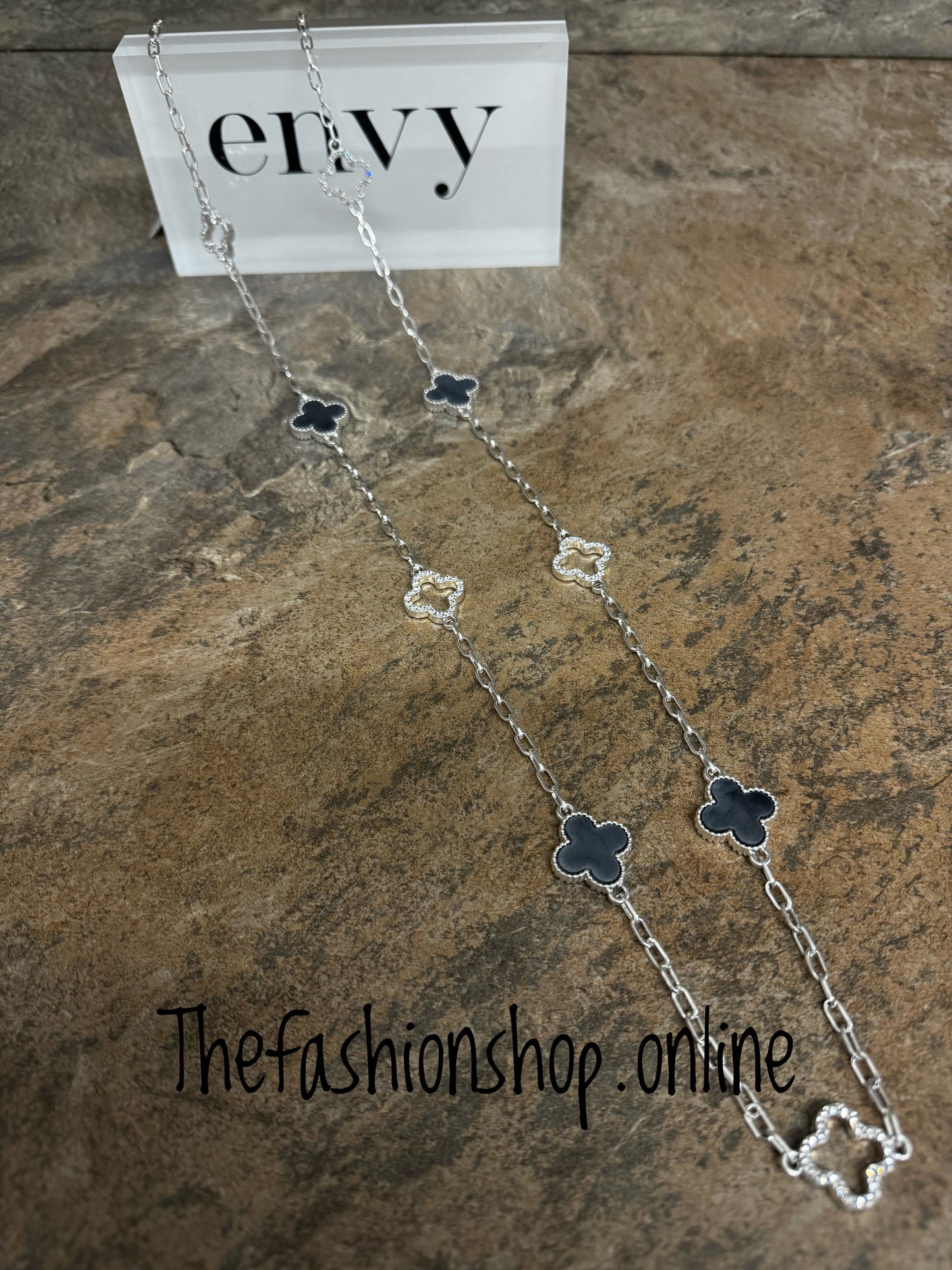 Envy grey and silver sparkle clover necklace