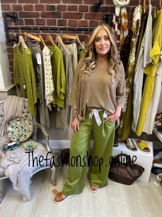 Bridget olive wide leg trousers with floral belt 8-12 and 14-16