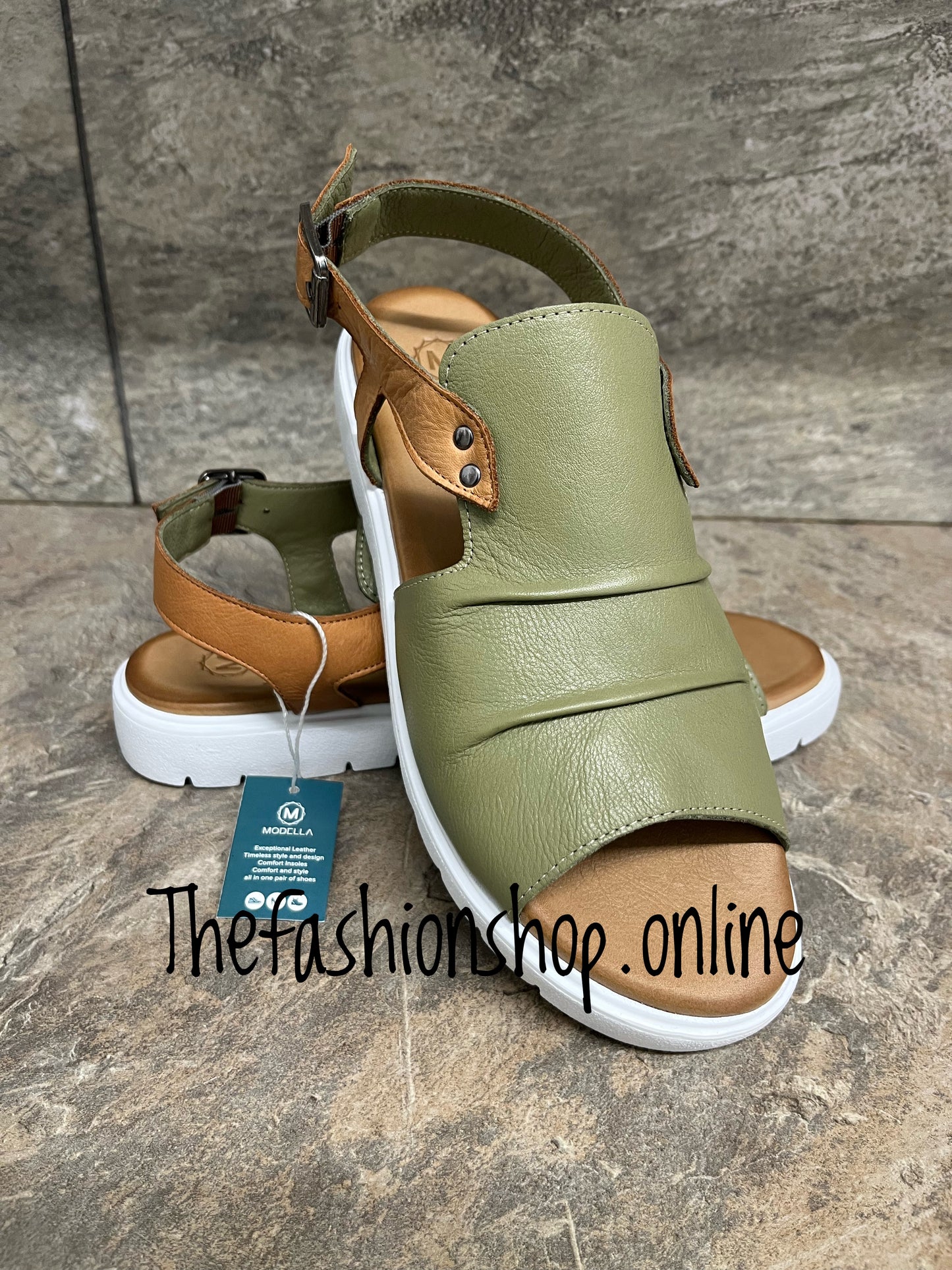 Modella Indy khaki and tan leather sandals sizes 4-8 (37-41)