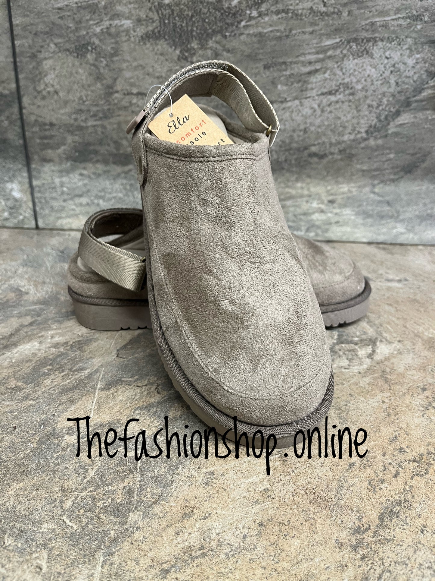 Ella Evie taupe ankle strap clog mules sizes 4-8
