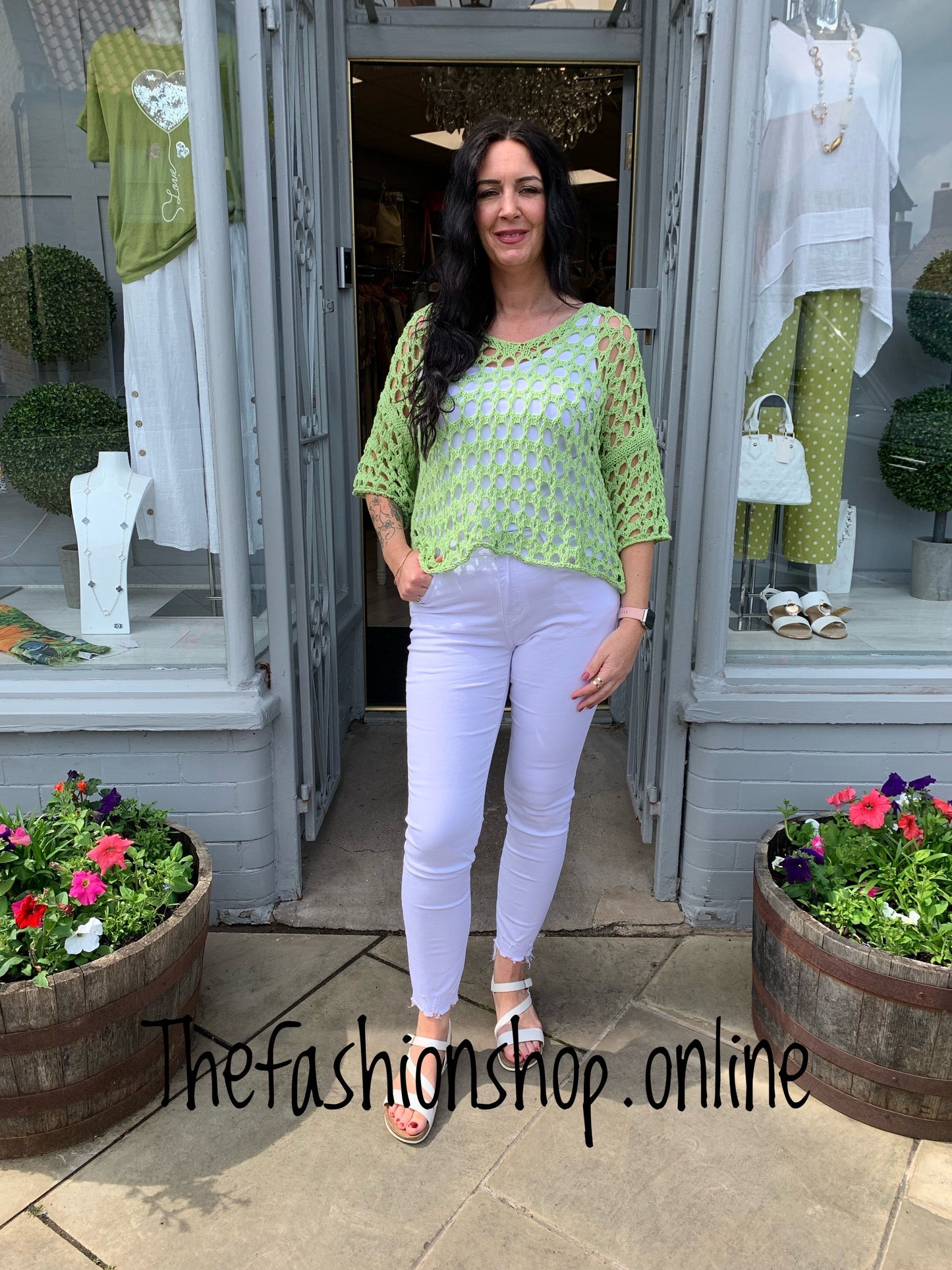 Cotton side split crochet top 10-18 in four colours blue, pink, beige and green