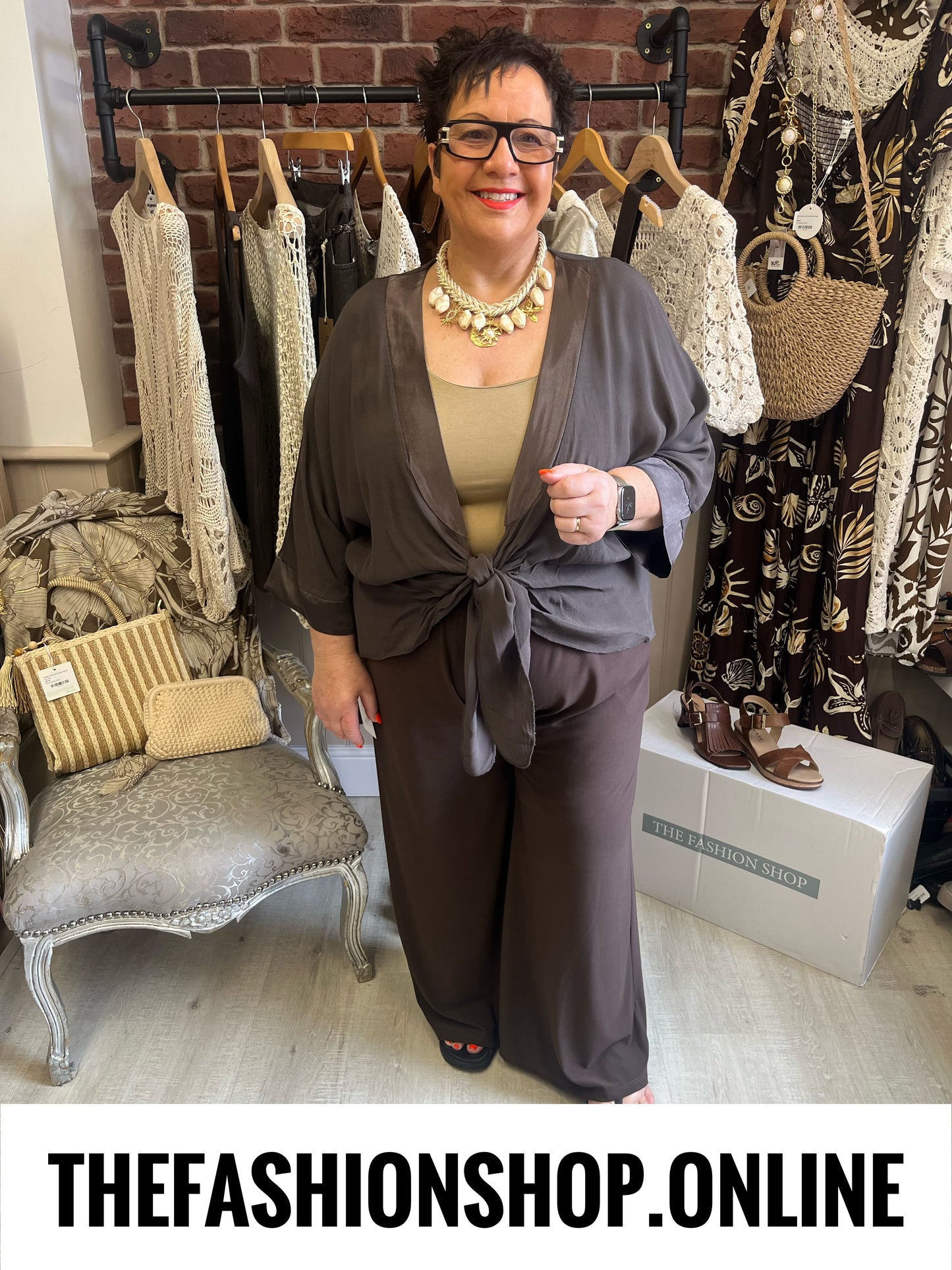 Harriett brown tie front shrug 12-22