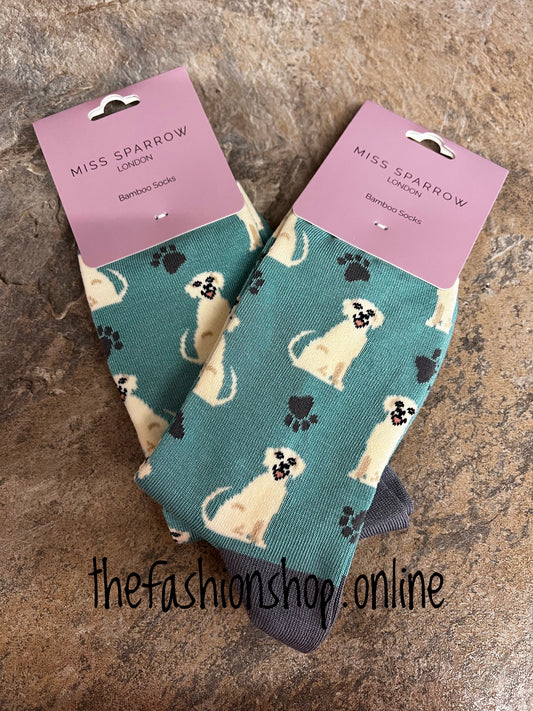 Miss Sparrow Mint Happy Labradors Bamboo socks 3-8